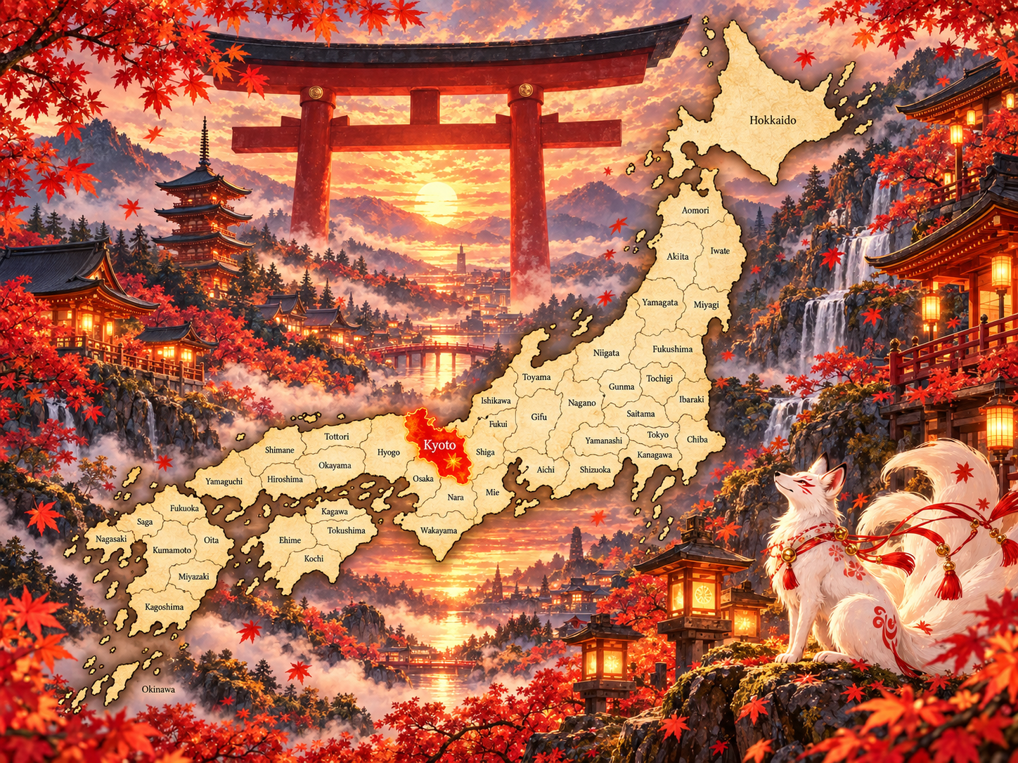 Kyoto completion postcard with Japan map, giant torii, and white fox